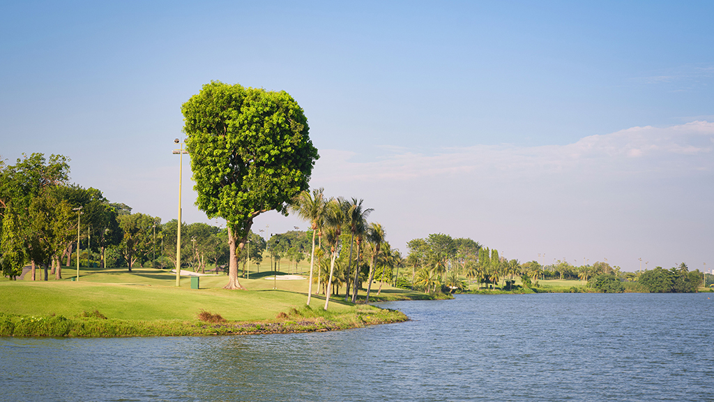 Scenic golf course bordered by a tranquil lake, lush tropical trees, and manicured fairways under a clear blue sky.